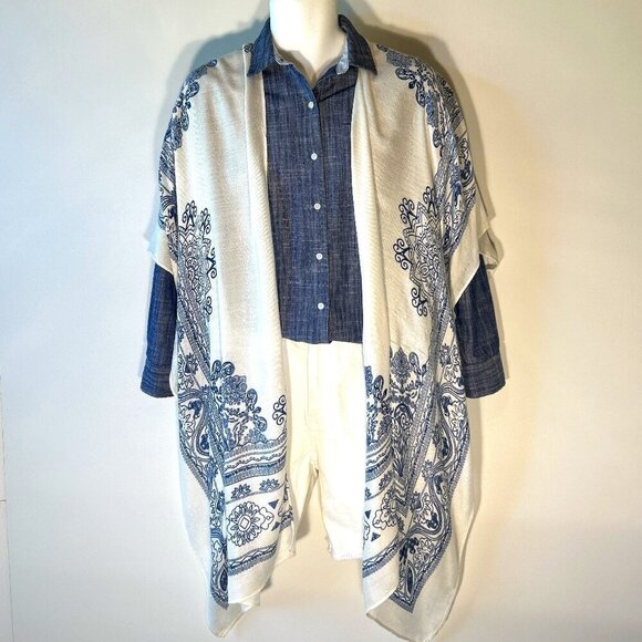 Ruggine OSFA Navy & White Gauzy oversized kimono Boho Chic Cover Up Beach - Picture 1 of 12